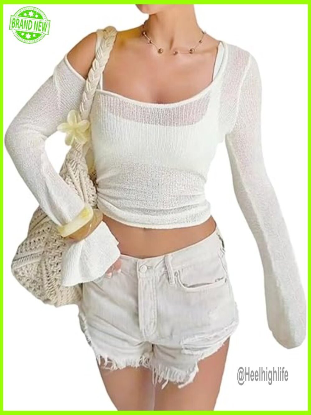 Sheer Long Bell Sleeve Swim Cover Up Lightweight Knit Beach Top